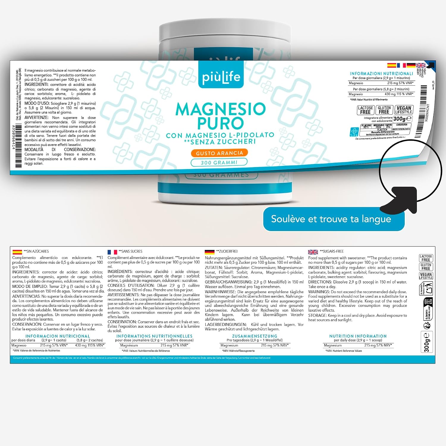 Magnesium Powder Complex 300g PiùLife, 215mg per Dose - Image 7