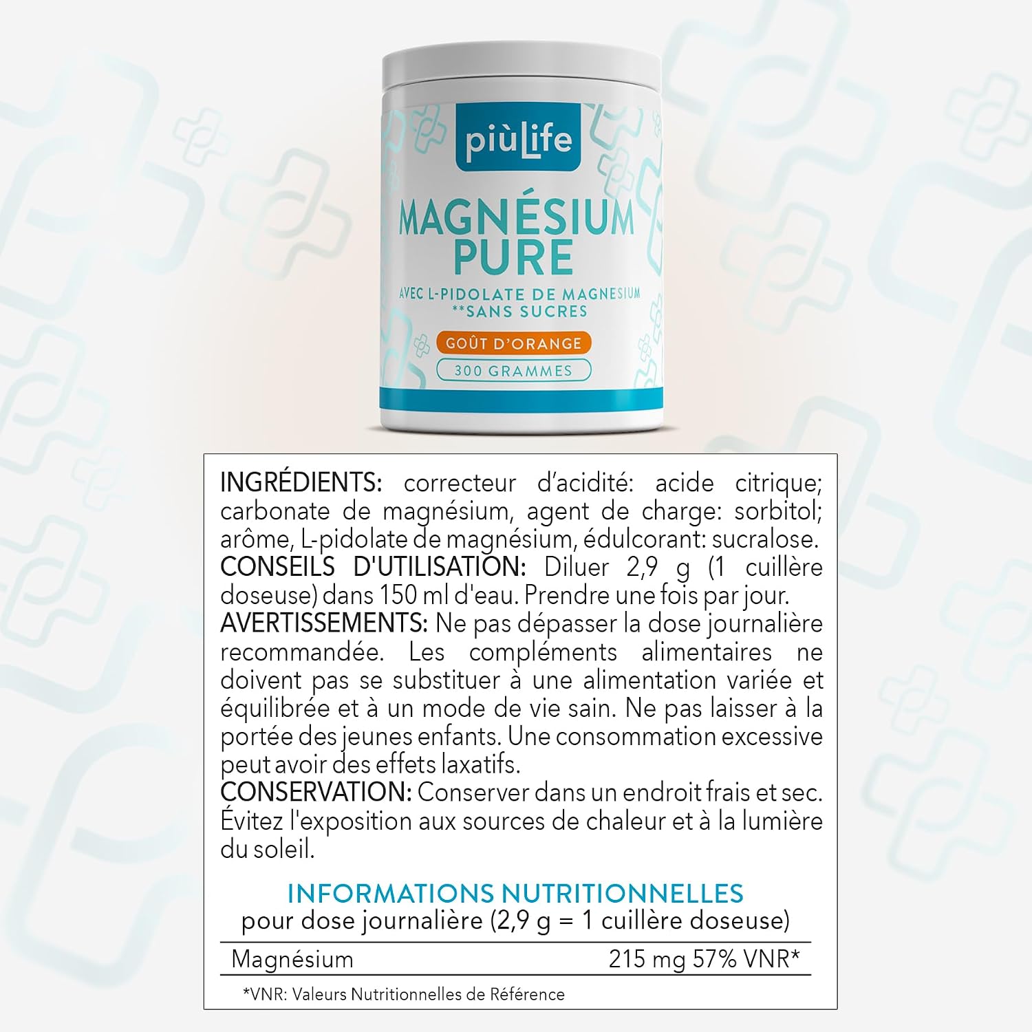 Magnesium Powder Complex 300g PiùLife, 215mg per Dose - Image 8