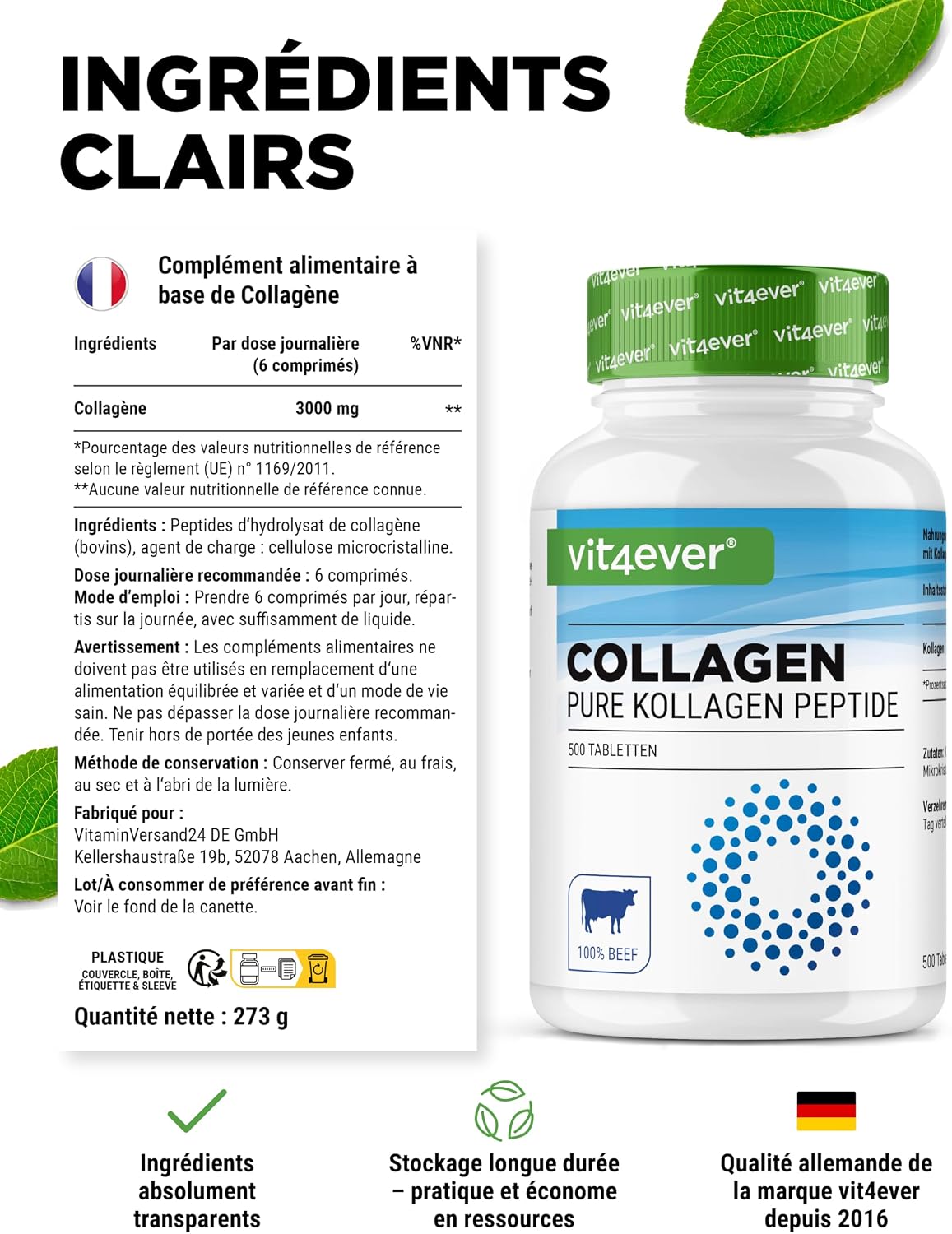 vit4ever Collagen Tablets 500 Pcs - 3000mg Pure Hydrolyzed Collagen - Image 9