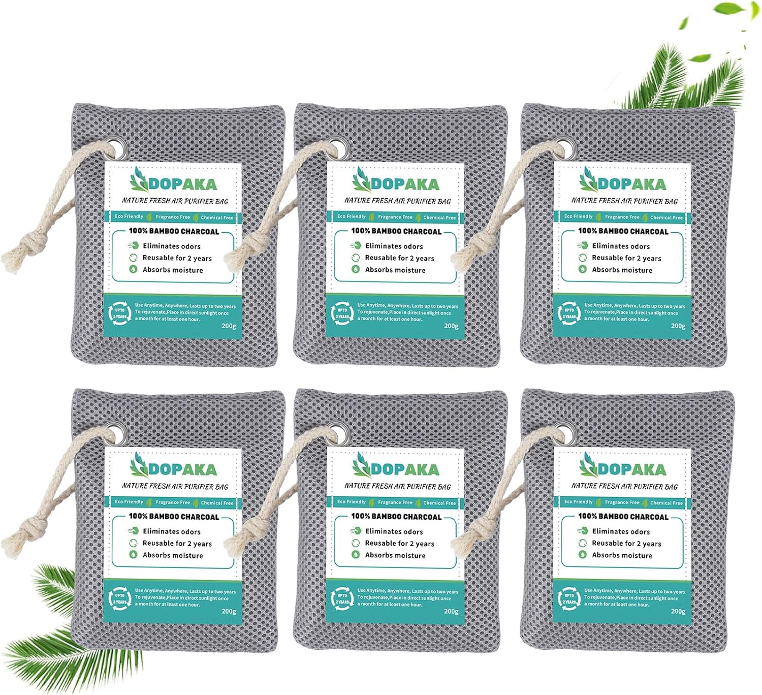 Bamboo Activated Carbon Air Purifier Bags, Pack of 6 Bamboo Charcoal Bags for Air Purification, Absorbs Odours, Absorbs Moisture, Natural Car Air Freshener (6 x 200 g) - Image 2