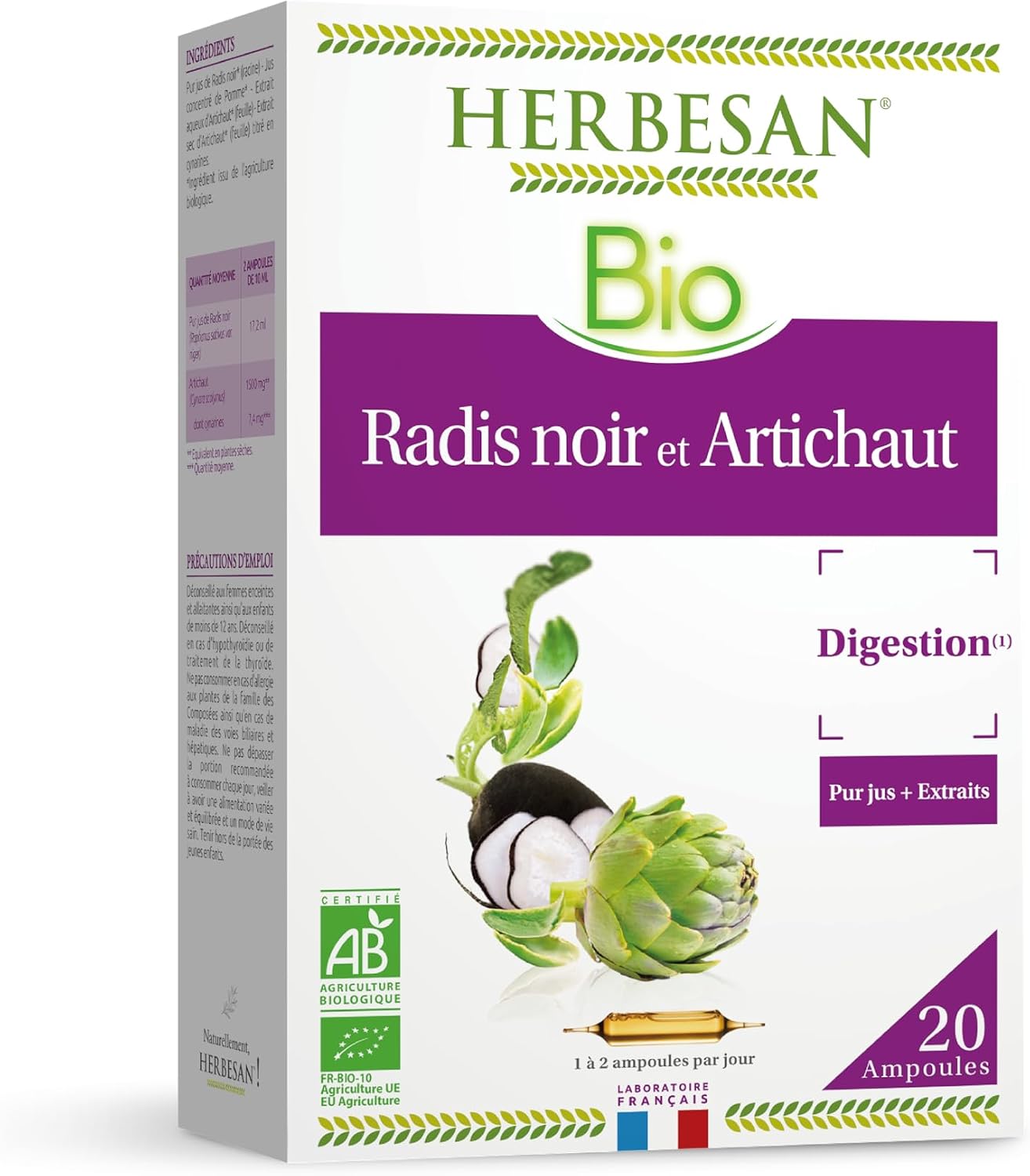 HERBESAN – RADIS BLACK AND ARTICHOKE ORGANIC – Digestive well-being – French laboratory – 20 ampoules of 10 ml - Image 2