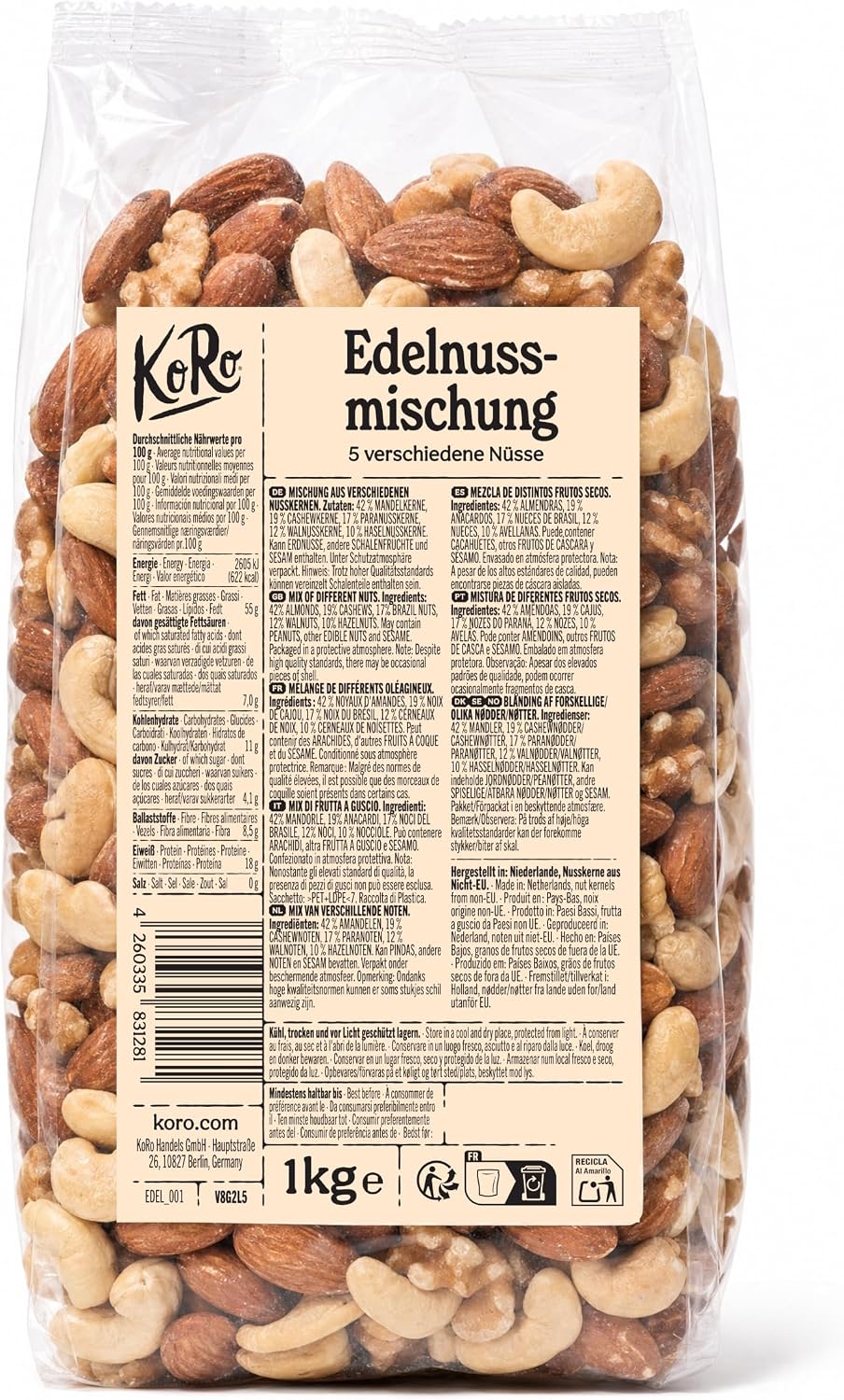 KoRo Premium Nut Mix 1kg - Almonds, Cashews, Brazil Nuts, Hazelnuts and Walnut Kernels, 100% Natural, Salt and Sugar Free, High in Fiber - Image 2