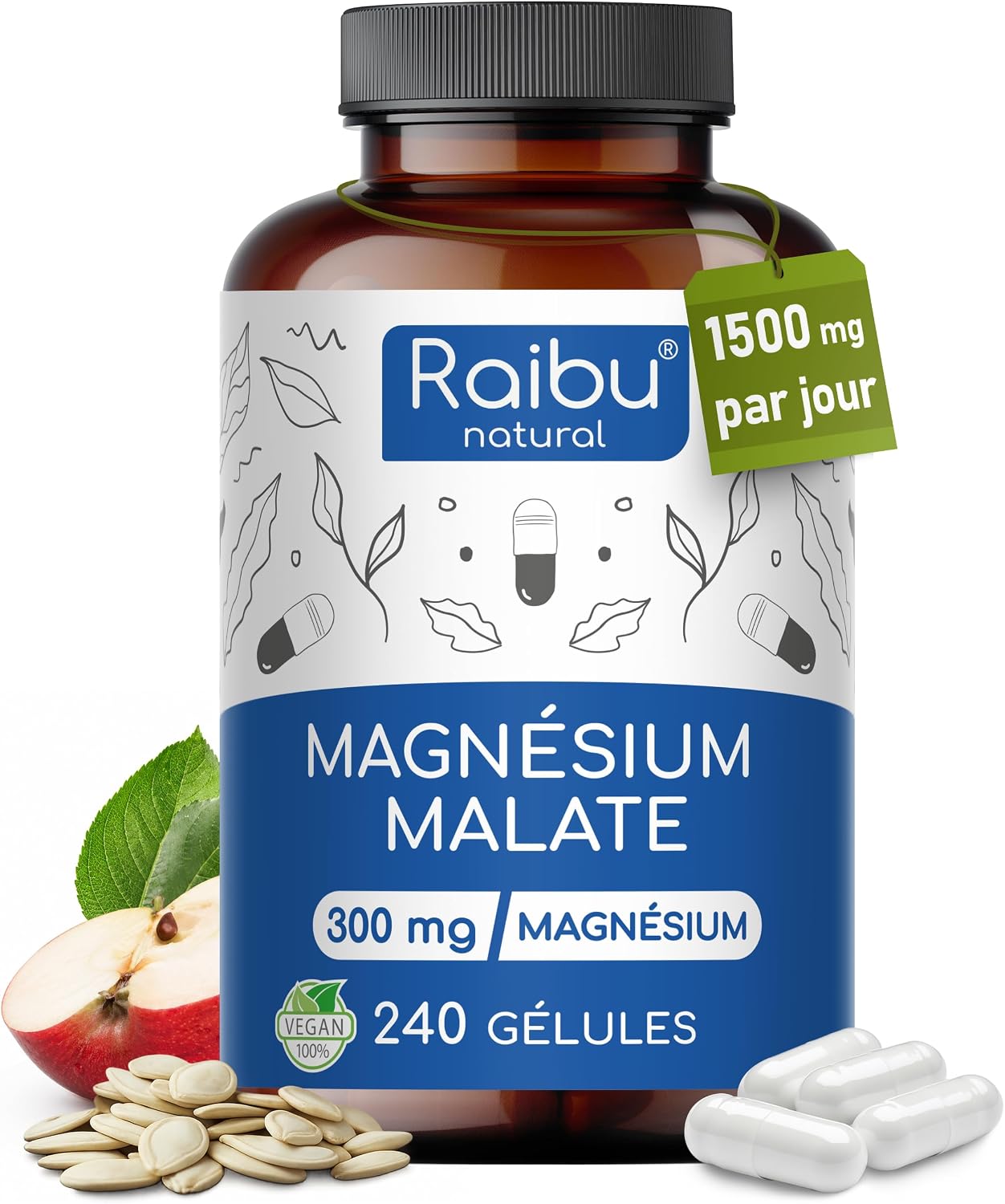 Magnesium Malate 1500 mg per dose - 240 Capsules, 4 Month Treatment - 300mg Magnesium Elemental - Energy, Muscles and Nervous System - High Bioavailability - No Additives, Vegan - Image 2