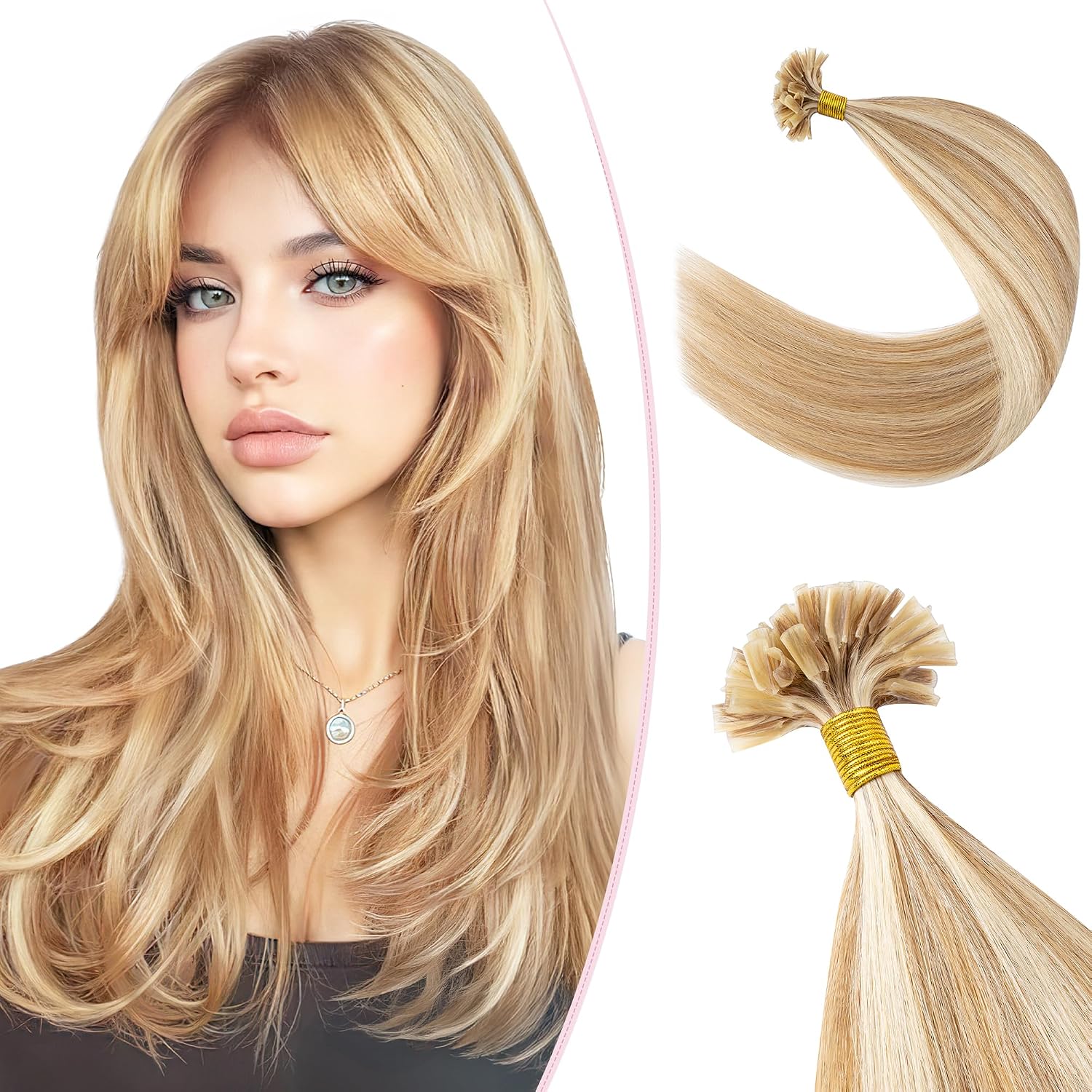 Natural Keratin Hair Extensions 1g 25 Strands #12/613 Golden Brown & Bleached Blonde 35 cm Human Hair Extensions Remy Hot (20 g) - Image 2